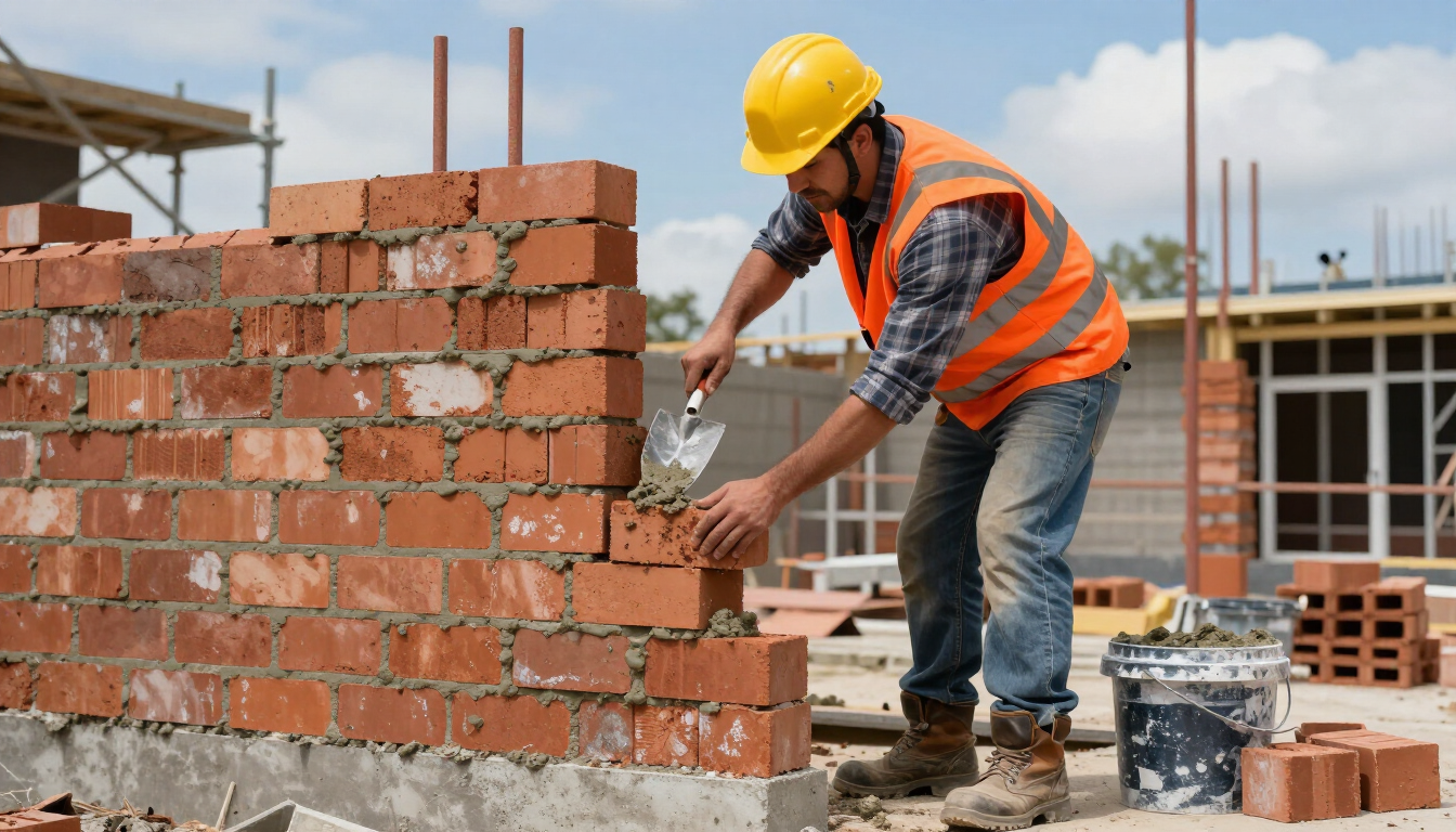 Obrero de la construcción con chaleco naranja y casco amarillo colocando ladrillos en una pared en una obra.