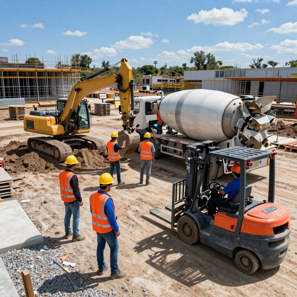 Obreros de la construcción con cascos dirigen un camión hormigonera y una excavadora en una obra.