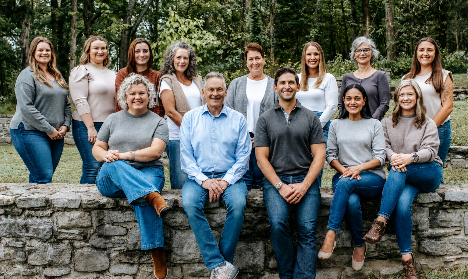 Group of people standing and sitting on a stone wall outdoors in a wooded setting, smiling at the camera.