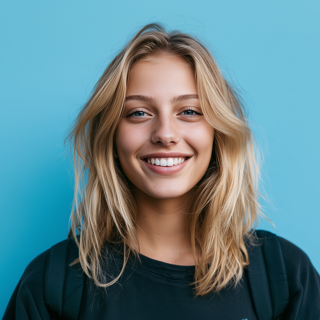 Smiling person with blonde hair in a dark shirt against a blue background