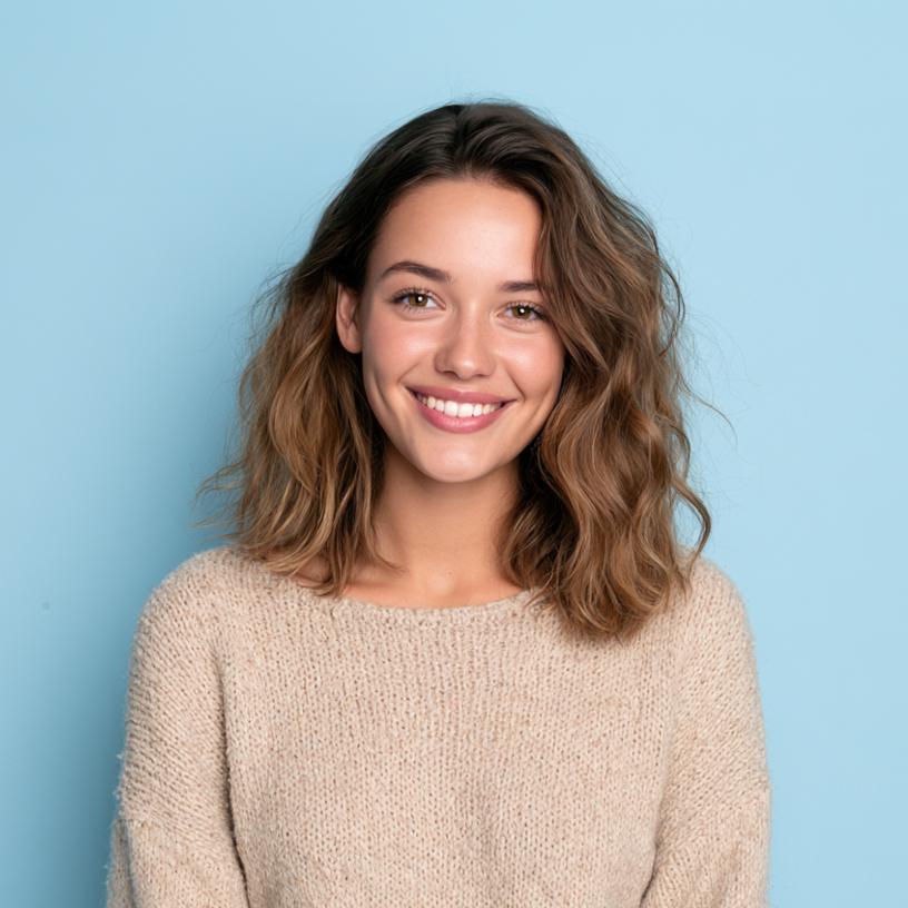 Smiling woman with wavy brown hair wearing a beige sweater against a light blue background