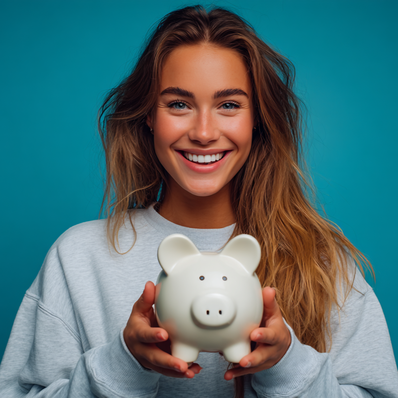 Woman holding a white piggy bank, smiling against a blue background.