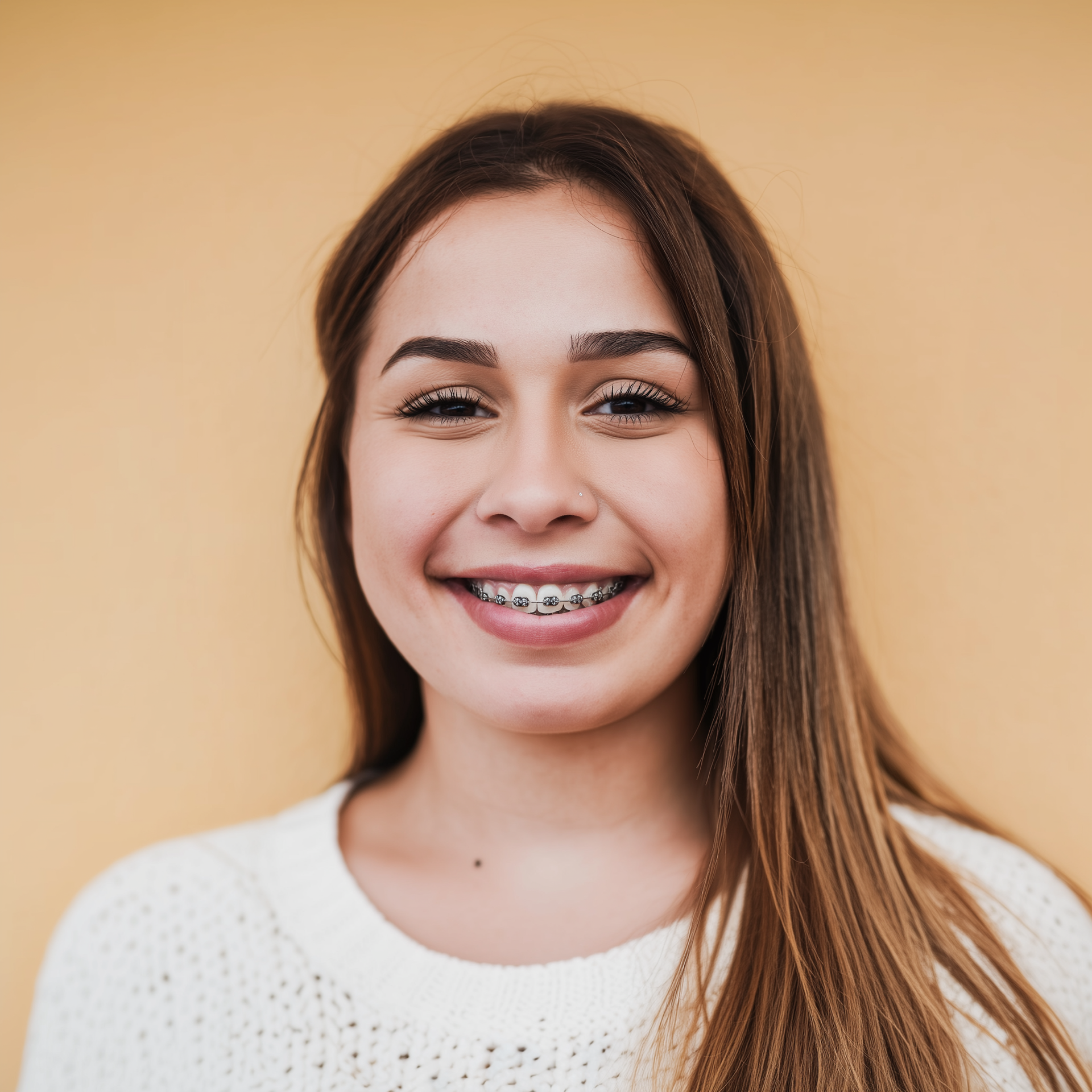 A smiling person with long brown hair wearing braces and a white sweater against a solid, light-orange background.