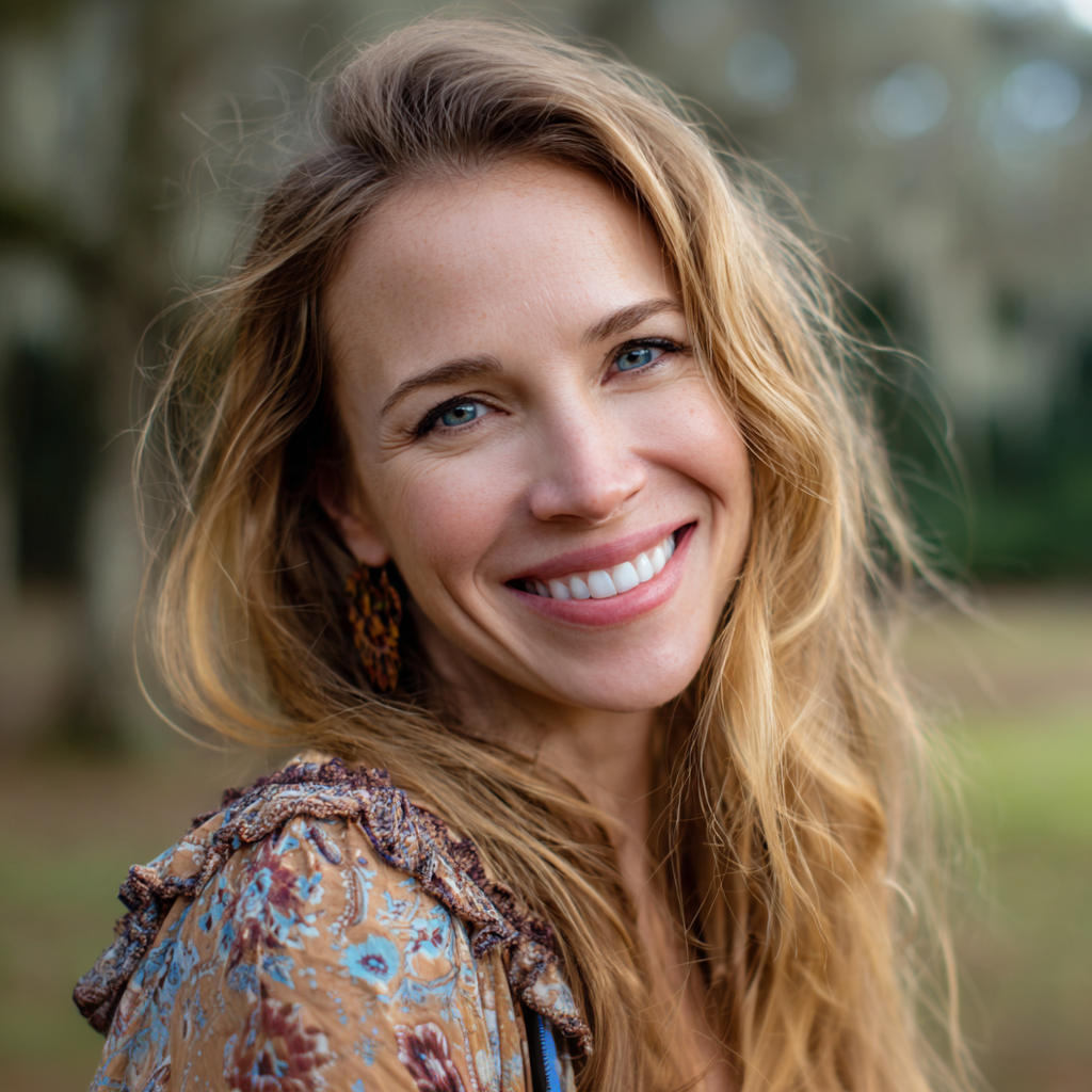 Smiling blonde woman outdoors in a floral top, with a blurred park background