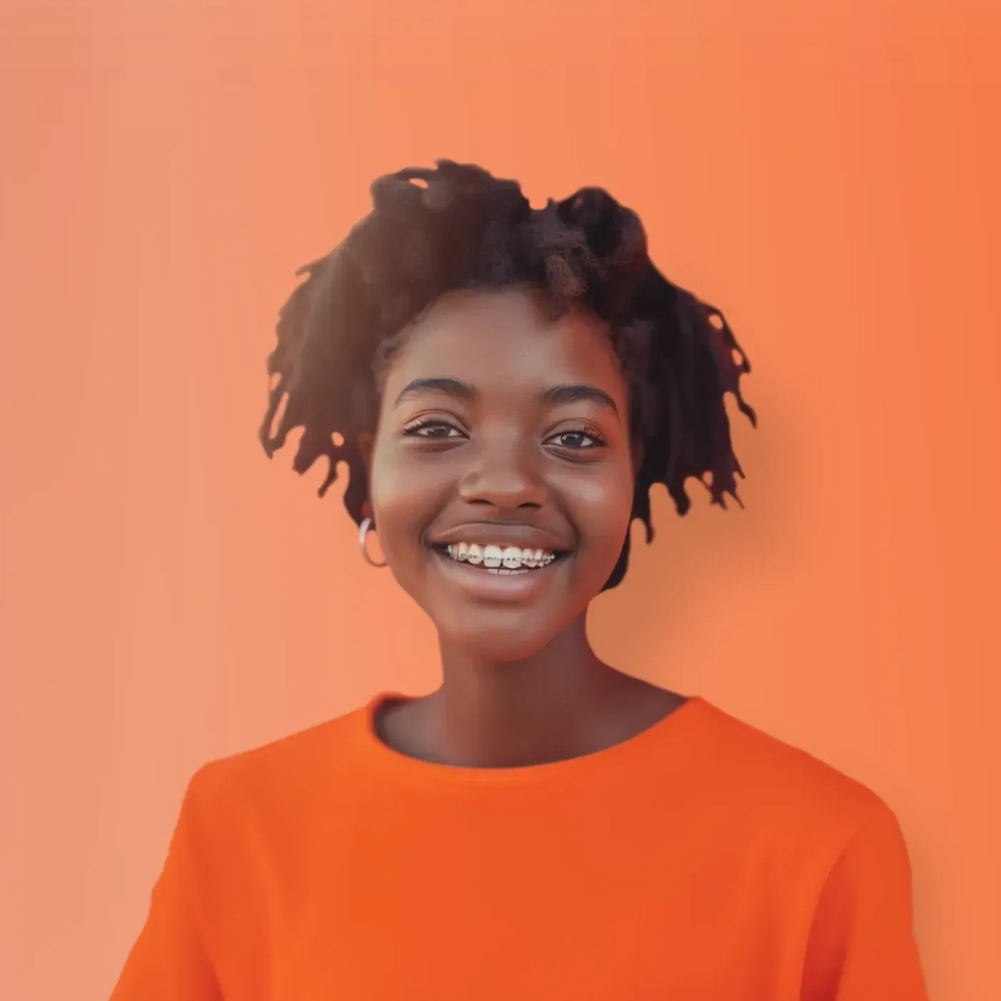 A young woman with braces on her teeth is wearing an orange shirt and smiling.