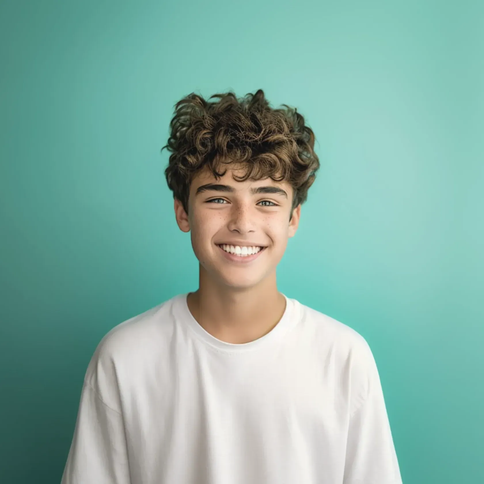 A young man with curly hair is smiling and wearing a white shirt.