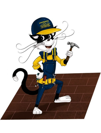A cartoon cat wearing overalls and a hat is holding a hammer.
