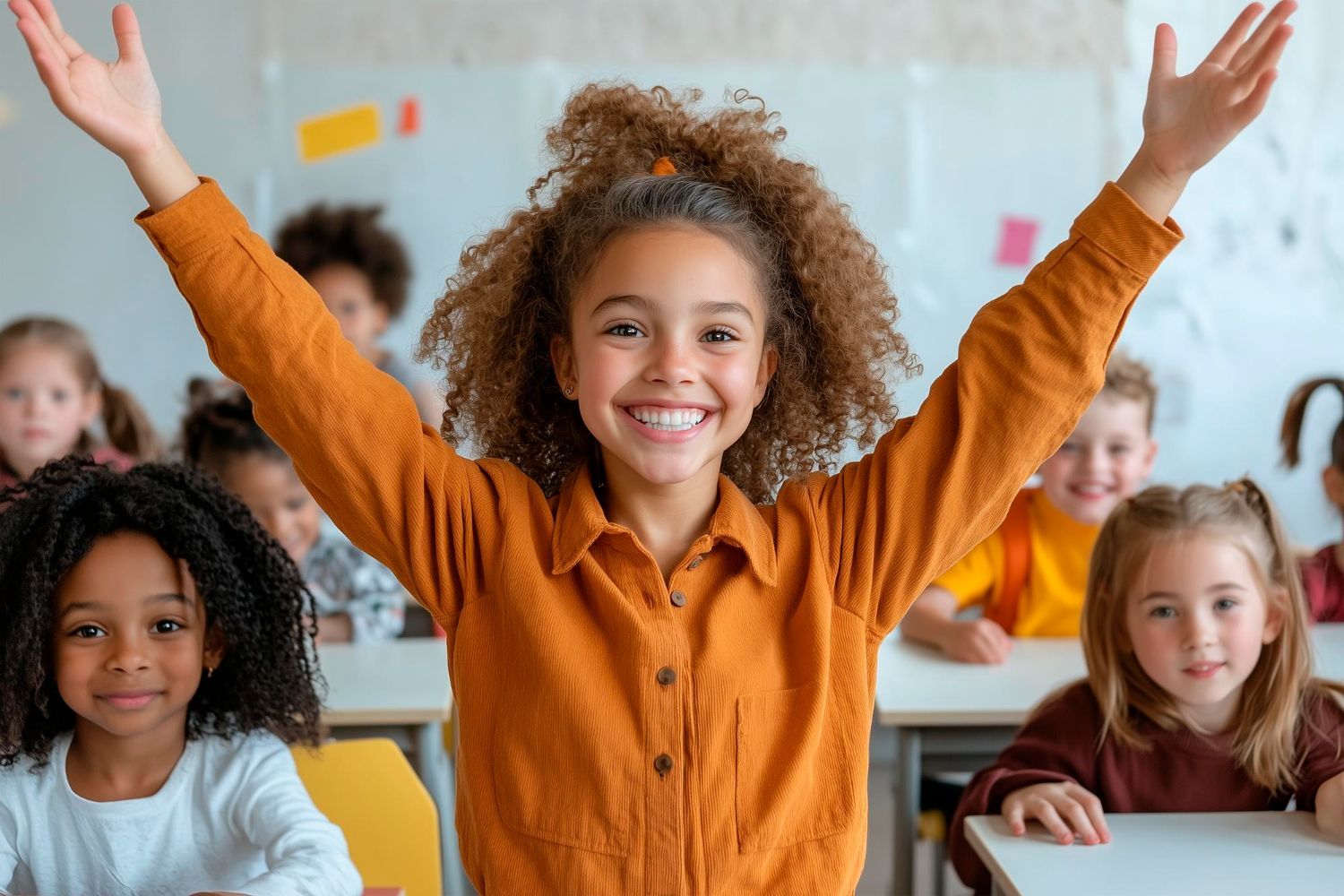 Girl with arms raised smiling in a classroom with other children.