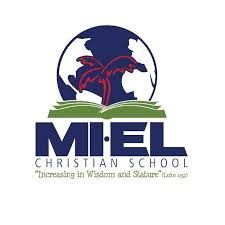 Logo for MIEL Christian School: globe, open book, palm tree, and text 