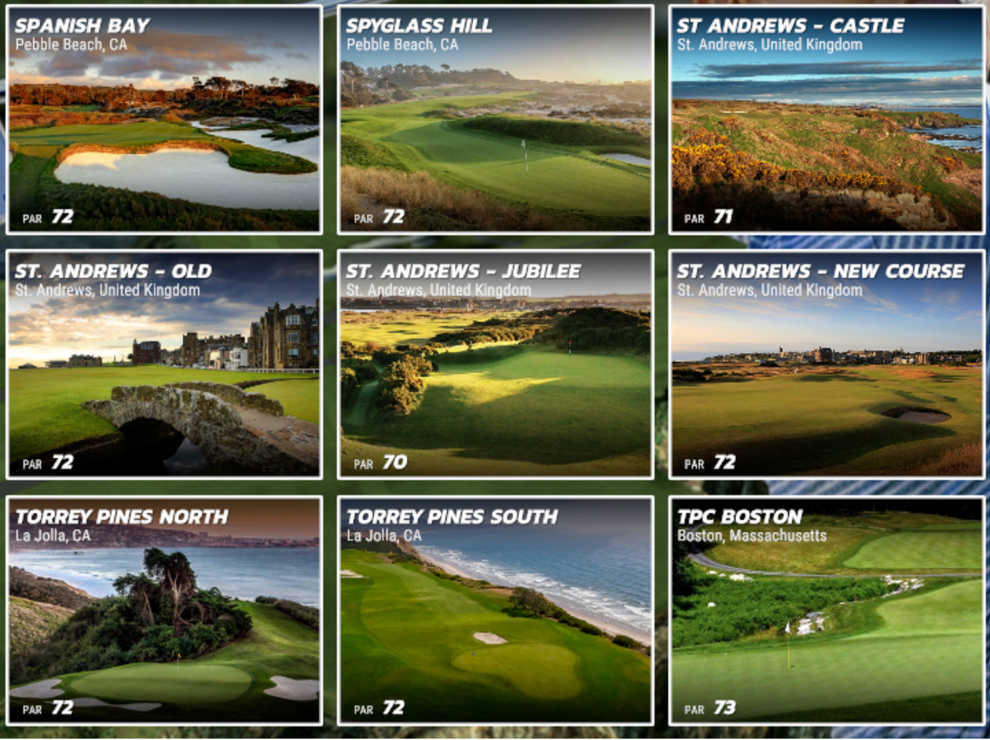 A collection of golf courses including spanish bay and spyglass hill