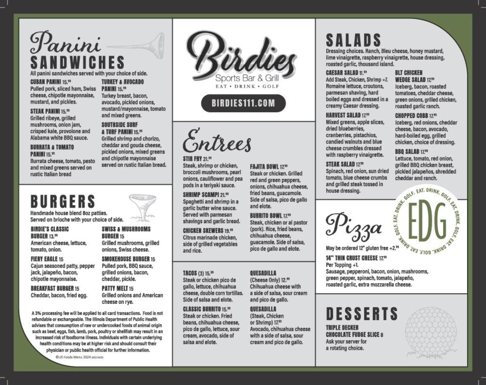 A menu for birdies sports bar & grill includes sandwiches , salads , burgers , entrees and desserts.