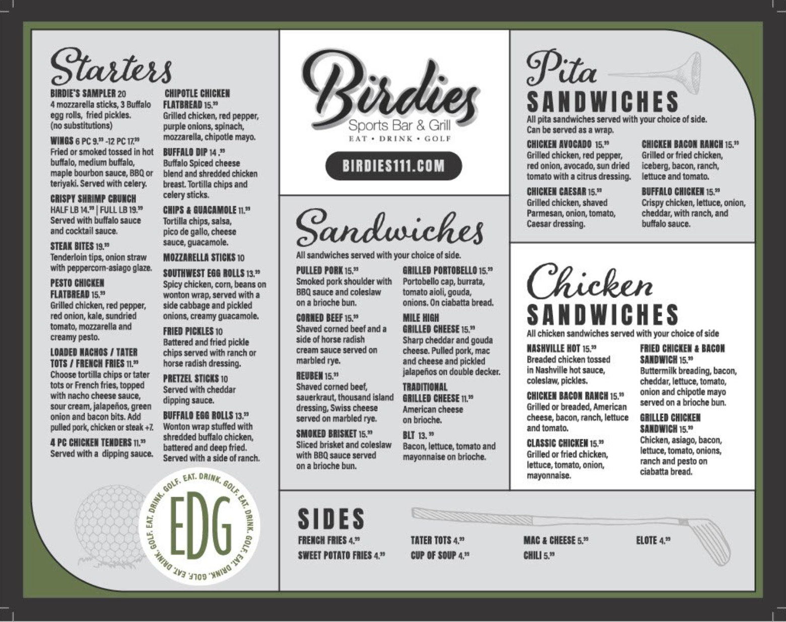 A menu for birdies sandwiches and chicken sandwiches