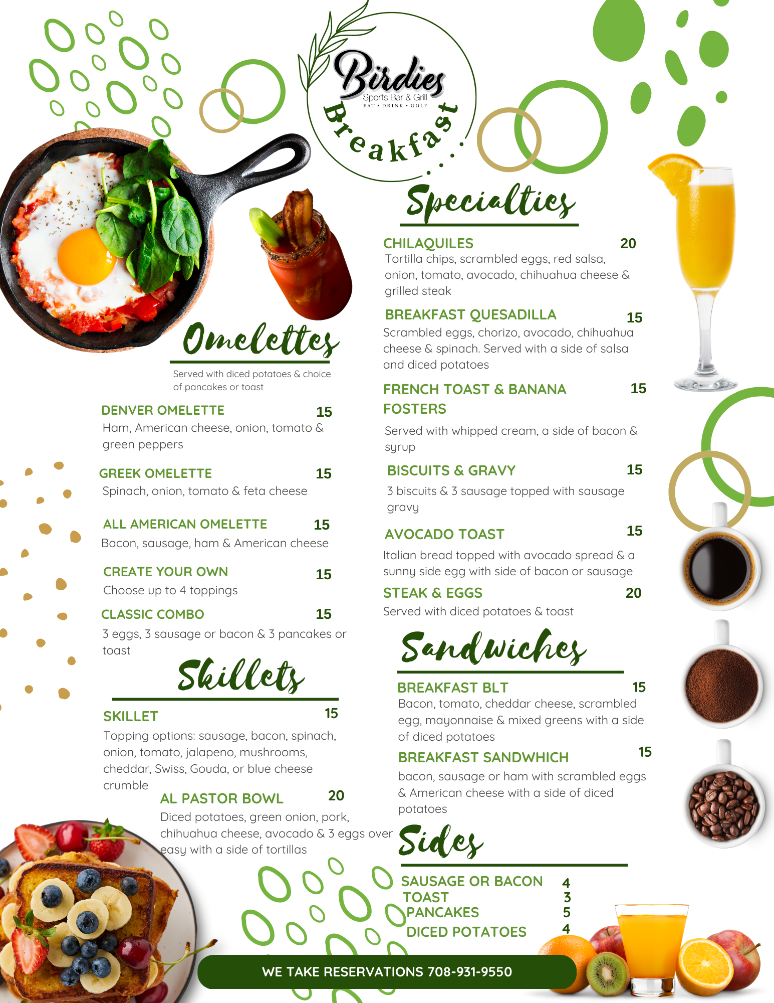 A menu for a restaurant with a picture of food and drinks on it.