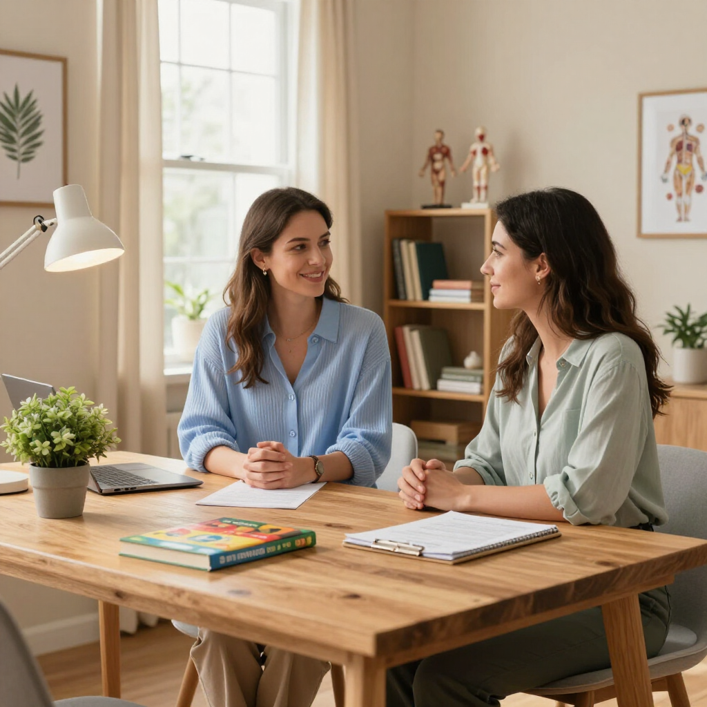 Two women talking at a wooden desk in a bright home office with books, notebooks, and a desk lamp