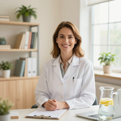 Doctor in a white coat smiling at a desk with a notebook and laptop in a bright office