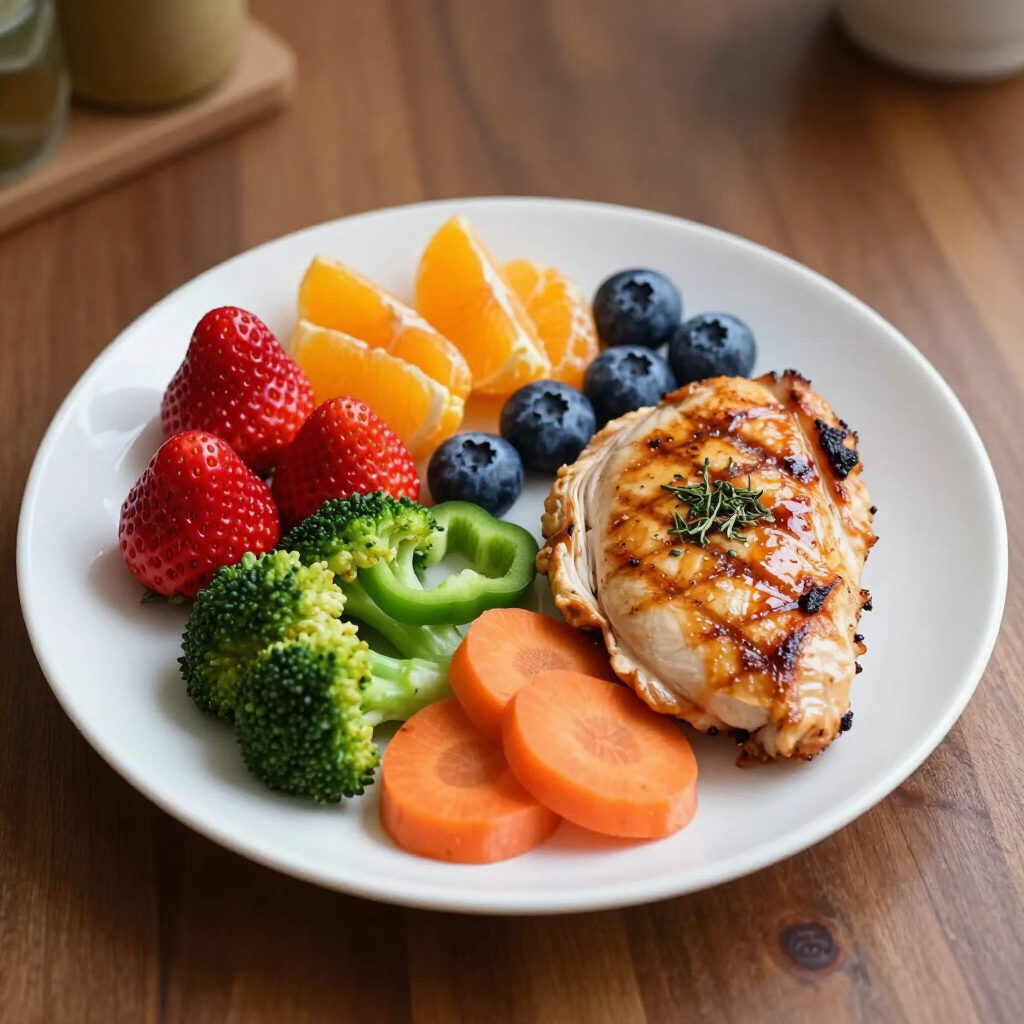 Grilled chicken with strawberries, oranges, blueberries, broccoli, and carrots on a white plate