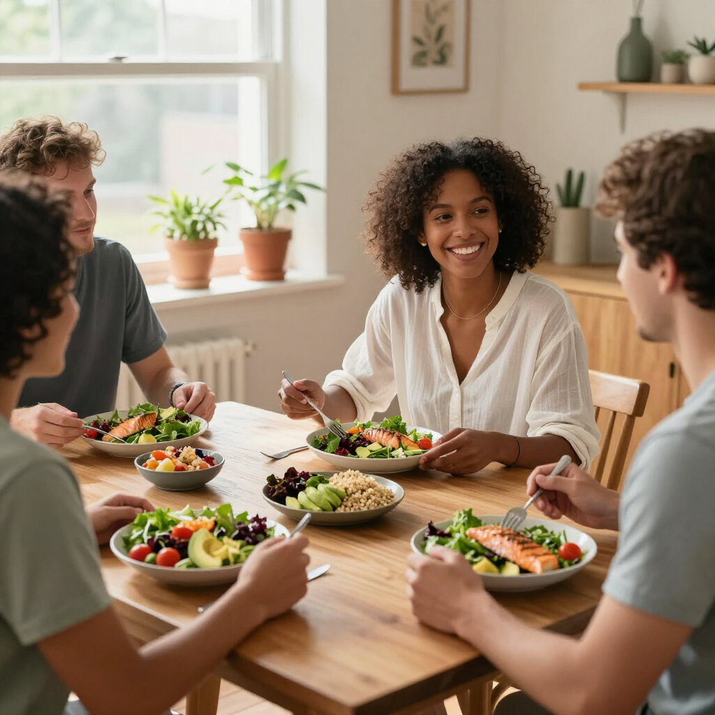Friends sharing a meal around a wooden table in a bright dining room, smiling and serving salads.