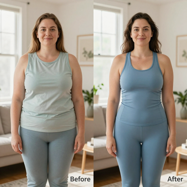 Side-by-side before-and-after of a woman in blue workout clothes standing in a bright living room.