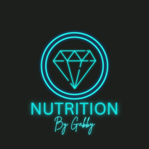 Neon blue logo: Diamond inside a circle, with "NUTRITION By Gabby" below on a black background.