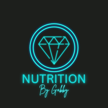 Neon blue logo: Diamond inside a circle, with "NUTRITION By Gabby" below on a black background.