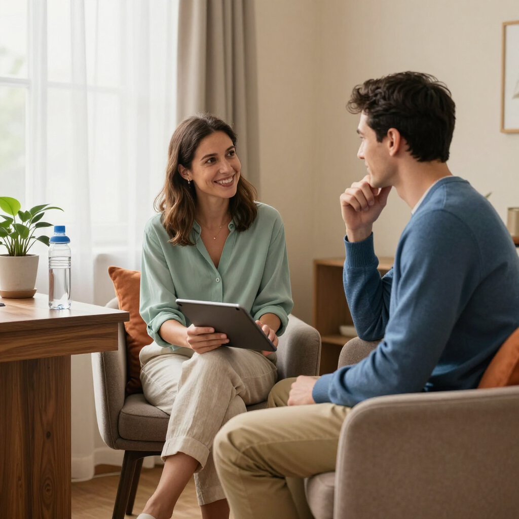 Two people talking in a bright living room, one holding a tablet, with a plant and coffee table nearby