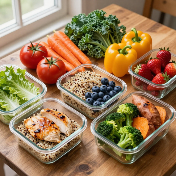 Meal prep containers with chicken, grains, broccoli, berries, and fresh vegetables on a wooden table