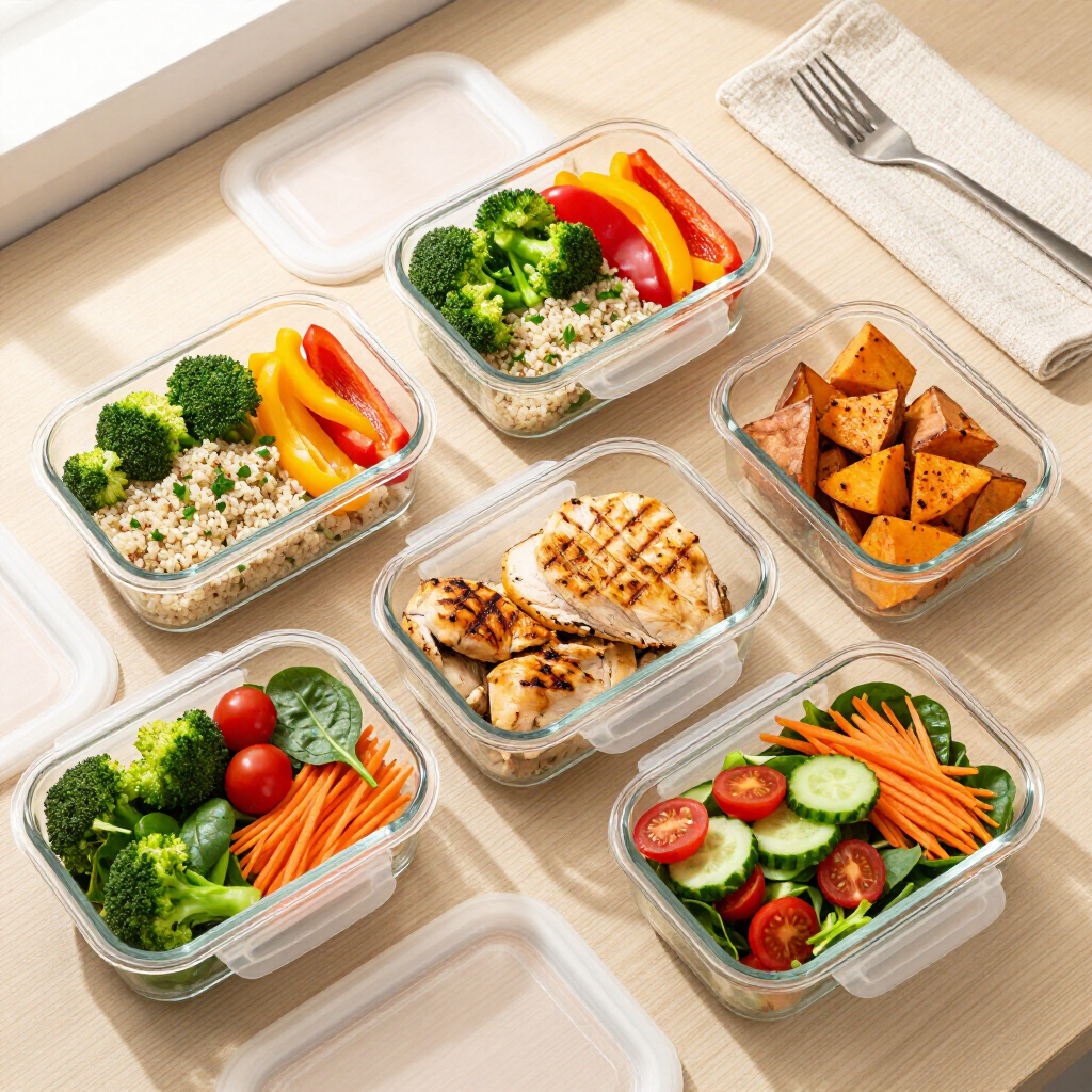 Meal prep containers with broccoli, peppers, chicken, croutons, and fresh vegetable salads on a table