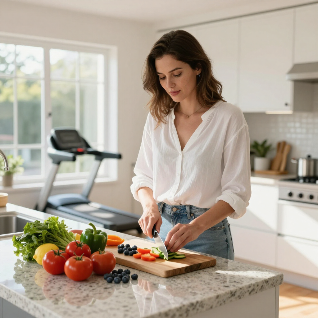 Woman slicing vegetables on a kitchen counter beside fresh produce, with a treadmill in the background