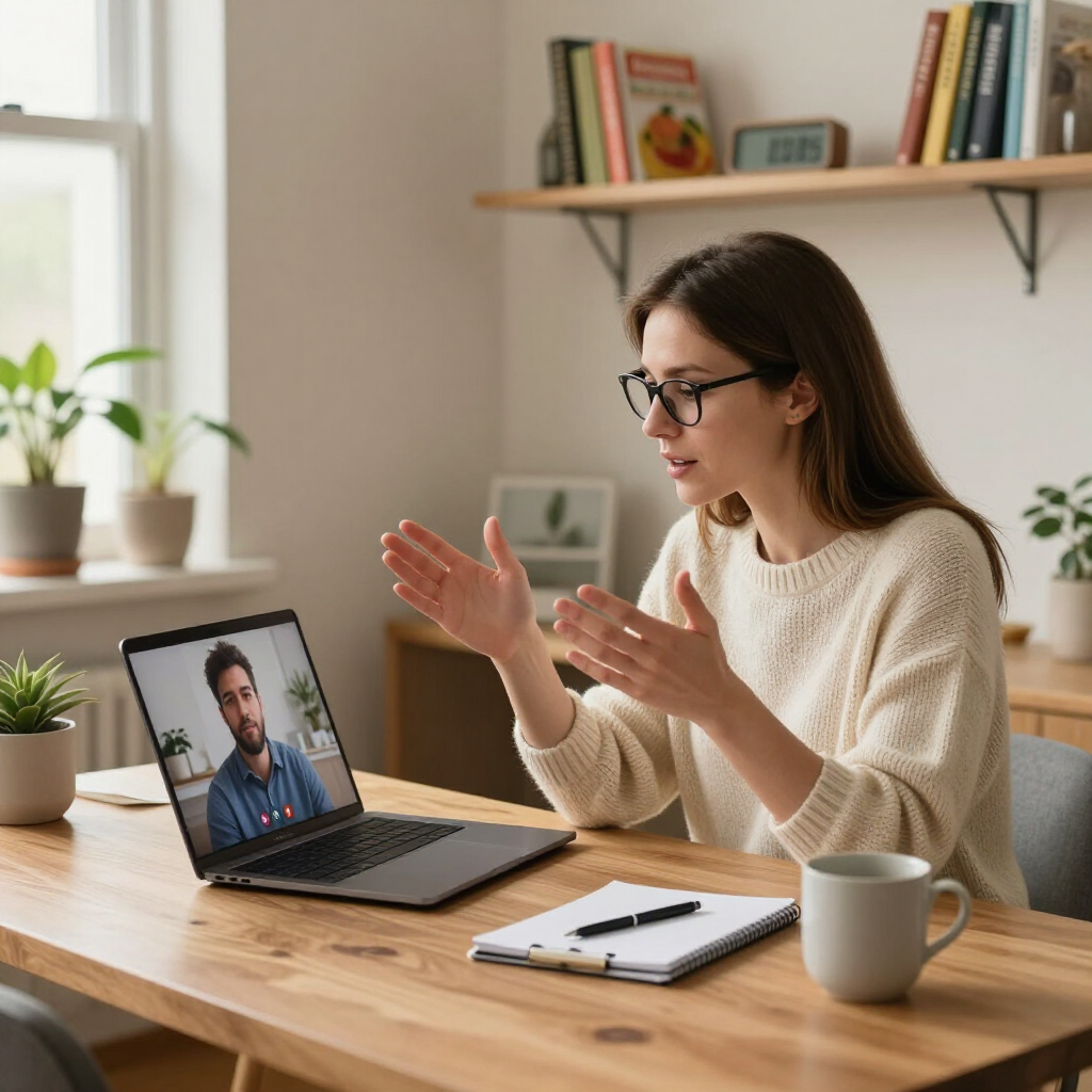 Woman video chatting on a laptop at a wooden desk in a bright home office