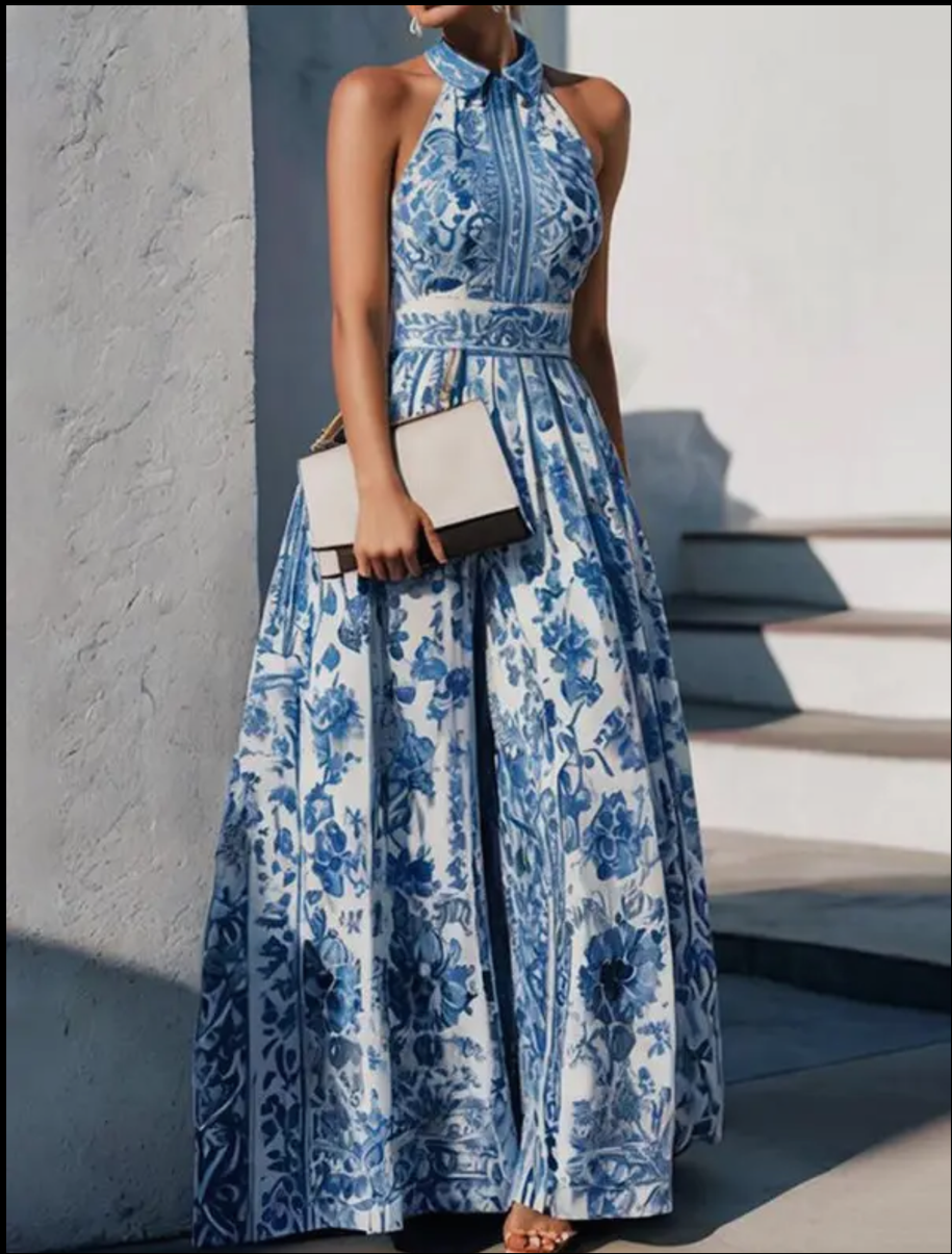 Floral Print A-Line Maxi Dress with Split Lapel - Loose Fit