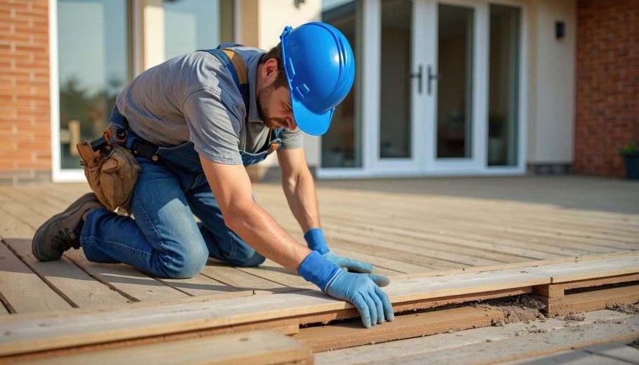Worker in blue hard hat and gloves kneeling on a wooden deck frame, measuring planks at a house construction site