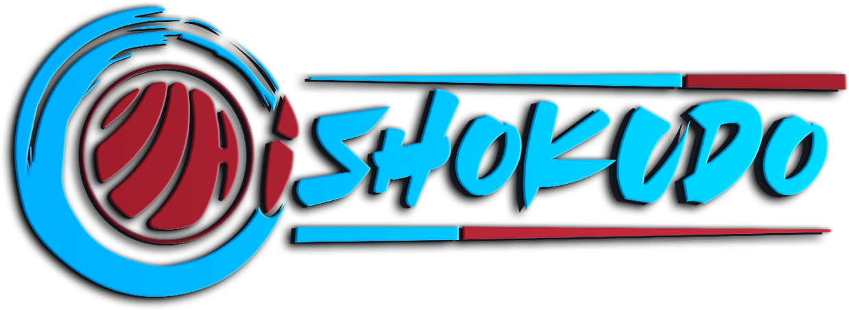 &ldquo;ISHOKUDO&rdquo; logo in blue, red, and black with a circular red emblem on the left