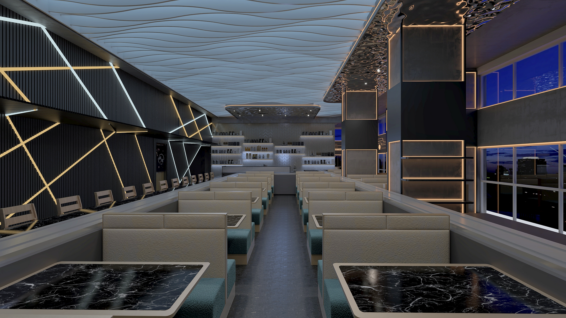 Modern lounge with booths, geometric decor, blue lighting, and a view of the ocean