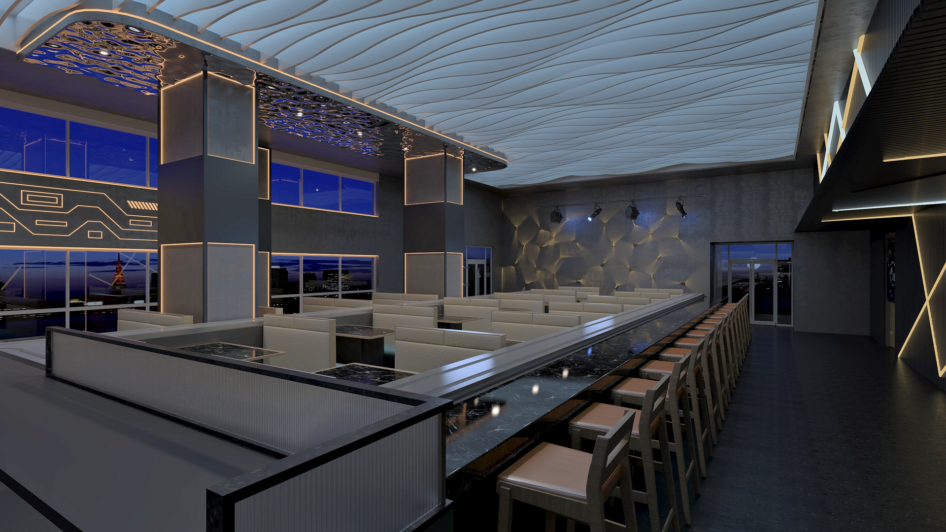 Modern restaurant with a long bar, stone tables, and blue-lit windows in a sleek, upscale interior