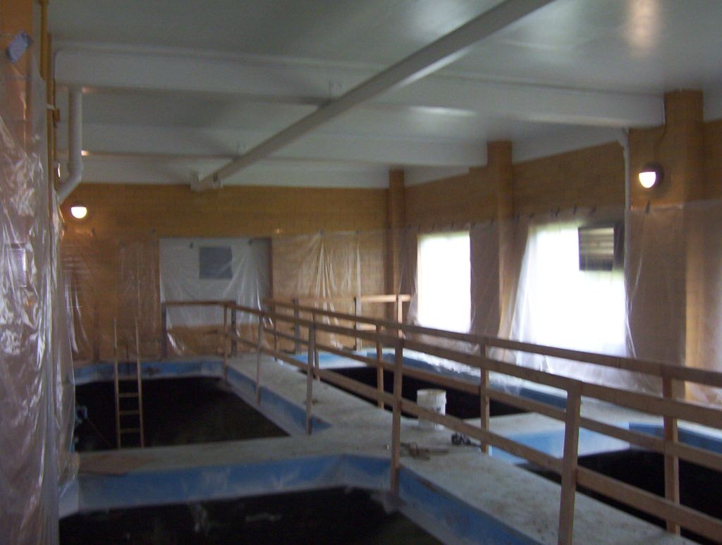 Indoor industrial walkway with railings over a dark tank, lit by windows and overhead lights