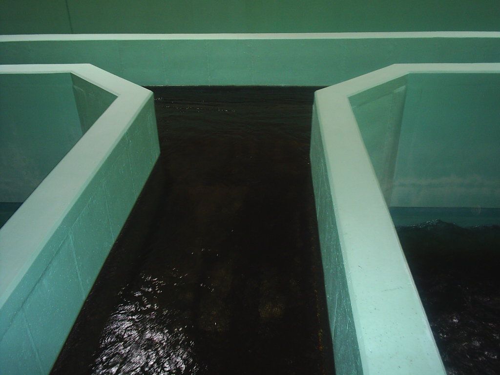 Two pale green tanks with dark water, separated by a narrow central channel.