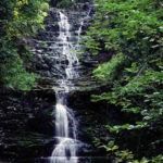 Narrow waterfall cascading down a rocky cliff surrounded by dense green forest.