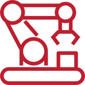 Red robotic arm icon in outline on a white background, with a circular base and gripper.