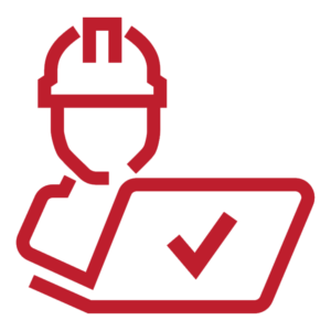 Red worker inspecting checklist with a checkmark icon