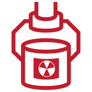 Red hazardous waste container icon with white radiation symbol