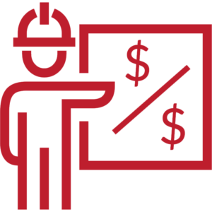 Red icon of a person beside a presentation board showing dollar signs and a rising line graph