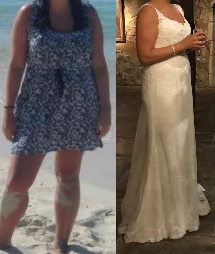 Before and after photos of a person in pink shorts and a pink bra, showing weight loss.