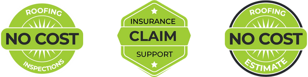 Three green roofing and insurance support badges reading “NO COST” and “CLAIM SUPPORT.”