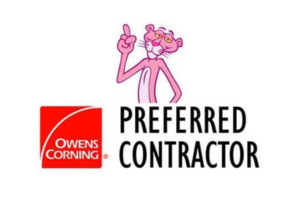 Owens Corning Preferred Contractor logo with pink panther mascot pointing upward