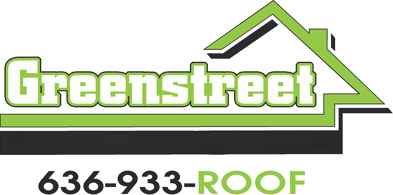 Greenstreet Roofing logo with green house outline and phone number 636-933-ROOF