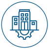 An icon of a building with a gear in a circle.