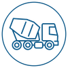 A blue line drawing of a concrete mixer truck in a circle.