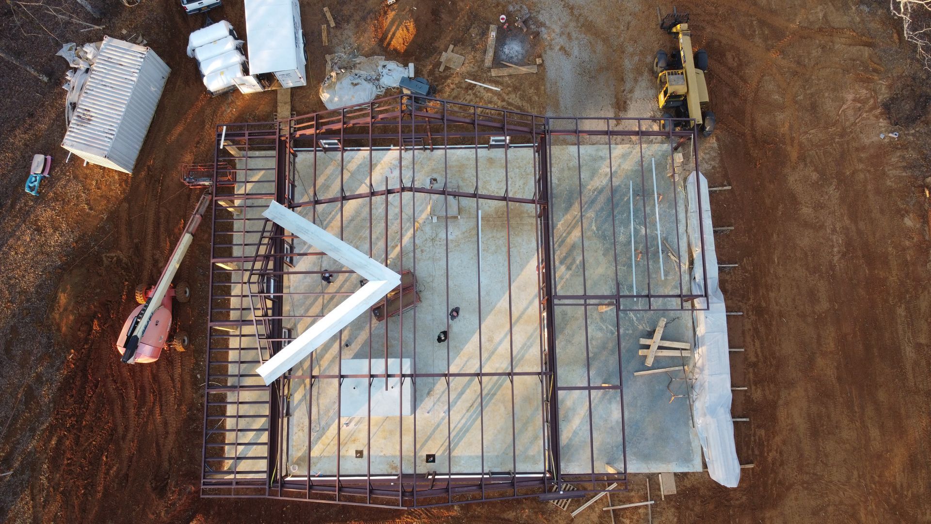 An aerial view of a building under construction.