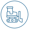 A line drawing of a bulldozer in a circle.
