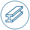 A blue icon of a metal bar in a circle on a white background.